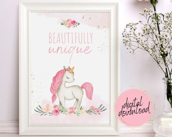 Beautifully Unique Bedroom Nursery Wall Art, Printable, Digital Download, Pink Blush Floral Unicorn