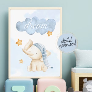 Blue Dream Sleepy Baby Elephant Bedroom Nursery Wall Art, Printable, Digital Download