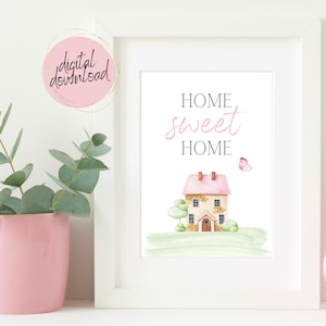Home Sweet Home Pink Homely Cosy Wall Art, Printable, Digital Download, Kitchen, Living Room, Entrance Hall Decor