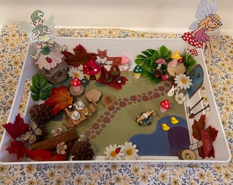 Fairy garden play tray set, Handmade Small world play ,Imaginative play, fairy garden, fairies and toadstools