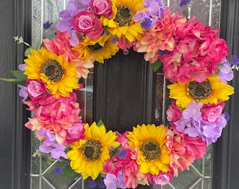 Bright and beautiful door wreath, faux floral wreath, handmade wreath, artificial flowers, sunflower door wreath.