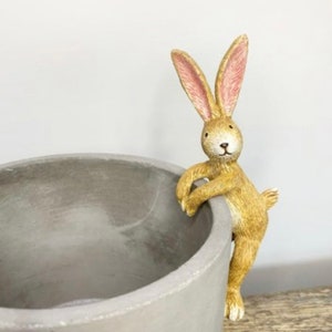 May include: A decorative planter with a light gray finish, featuring a detailed, tan-colored rabbit figurine clinging to the edge. The rabbit has long ears with pink interiors and is posed as if looking over the side of the planter.