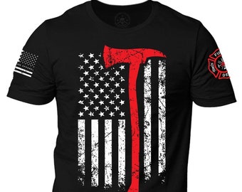 Firefighter Axe USA Flag T-Shirt | Patriotic Thin Red Line