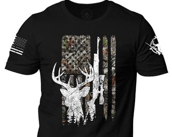 Deer Hunting Camouflage American Flag Hunting T-Shirt | Buck Deer Hunting T-Shirt | Hunting Season | Hunter | Unisex T-Shirt