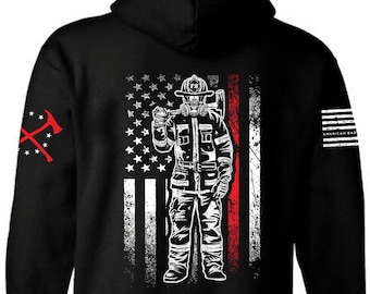 Firefighter Hoodie Black Thin Red Line Flag | Patriotic Firefighter Sweatshirt | First Responder Hoodie | Unisex Firefighter Hoodie Gift