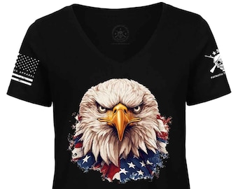 Camiseta con la bandera del águila americana / Camiseta patriótica con cuello en V para mujer