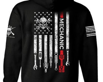 Mechanic Hoodie Black Patriotic American Flag | Wrench Tools USA Hoodie | Blue Collar Mechanic Sweatshirt | Unisex Workwear Hoodie Gift