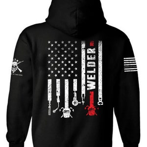 Welder Hoodie Patriotic American Flag | Welding Tools USA Hoodie | Blue Collar Welder Sweatshirt | Unisex Workwear Hoodie | Welder Gift