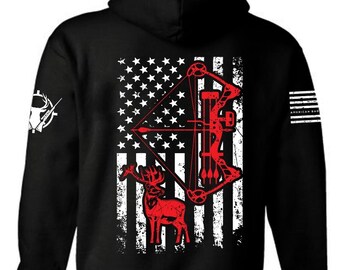 American Flag Buck Deer Crossbow Hunting Hoodie | Patriotic Unisex Apparel
