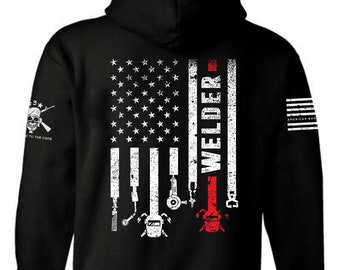 Welder Hoodie Patriotic American Flag | Welding Tools USA Hoodie | Blue Collar Welder Sweatshirt | Unisex Workwear Hoodie | Welder Gift