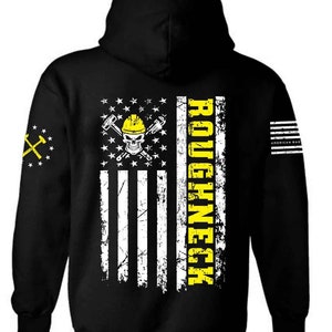 May include: Black hooded sweatshirt with a distressed American flag design and the text "ROUGHNECK" in yellow. The flag features a skull wearing a hard hat and crossed hammers.