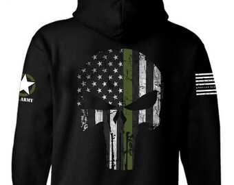Thin Green Line Punisher Skull Hoodie | Patriotic American Flag