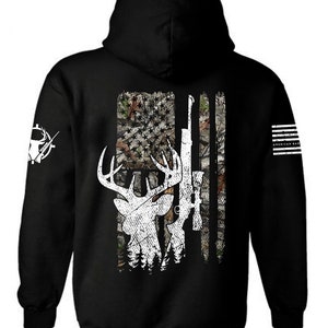 Deer Hunting Hoodie Black Patriotic  Flag | Camo Hunting Hoodie | Whitetail Deer Hunter Sweatshirt | Unisex Hunting Hoodie | Hunter Gift
