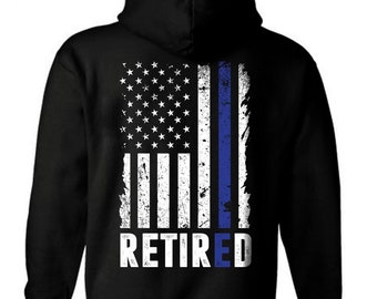 Personalized Retired Police Officer American Flag Hoodie | Thin Blue Line Retirement USA Flag Hoodie | Custom Hoodie | Unisex Hoodie