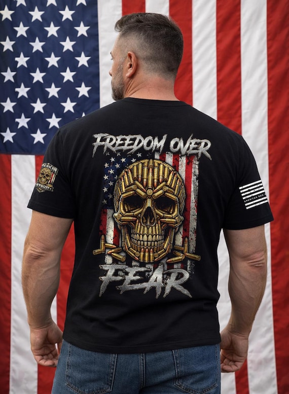 Freedom Over Fear Skull American Flag T-Shirt or Hoodie, Patriotic Graphic Apparel