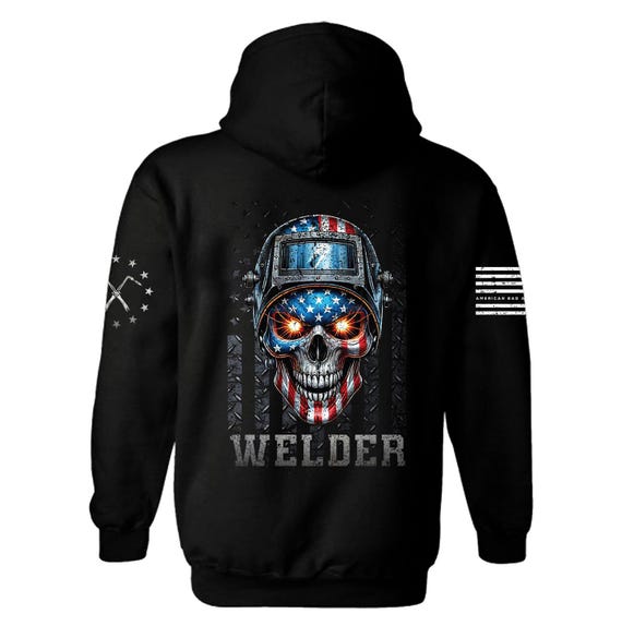 Hoodie or T-Shirt – American Bad Ass Welder Skull Flag – Patriotic Welding Apparel – ABAA-WELD-001