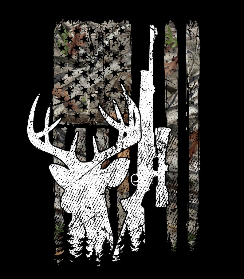 May include: A white silhouette of a deer head with antlers, a rifle, and a camouflage American flag pattern in the background.