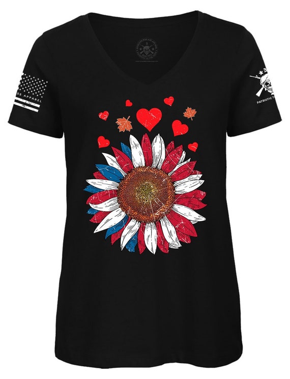 Sunflower American Flag 4th of July T-Shirt | Women's V-Neck