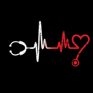 May include: A white stethoscope with a red heart beat line and a red heart at the end. The heart beat line is a stylized representation of an electrocardiogram.