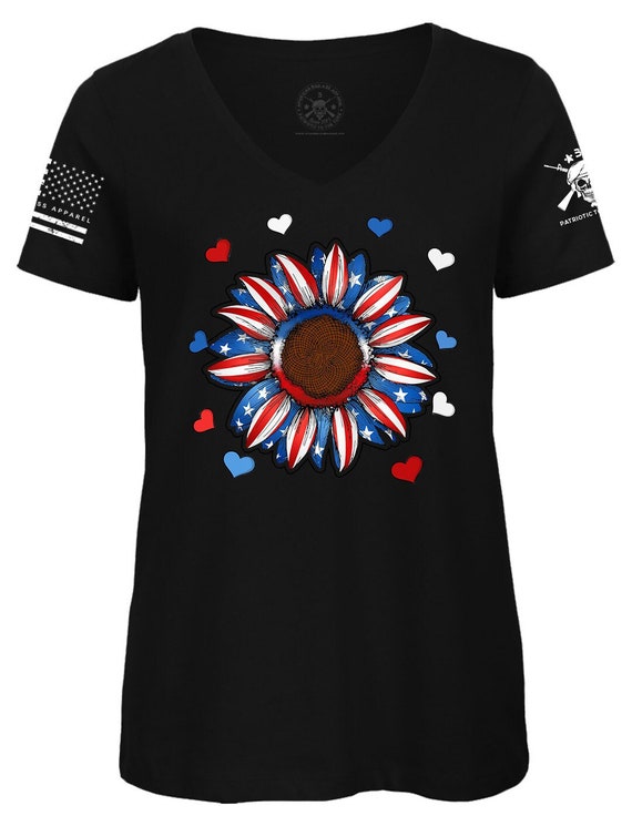 Sunflower American Flag 4th of July T-shirt | Woman V-Neck
