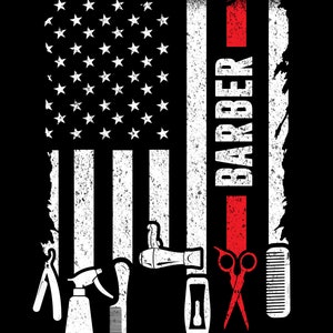 May include: A distressed American flag design with the word "BARBER" in red lettering.  The flag is surrounded by various barber tools, including scissors, a comb, a razor, a hairspray bottle, and a hair dryer.