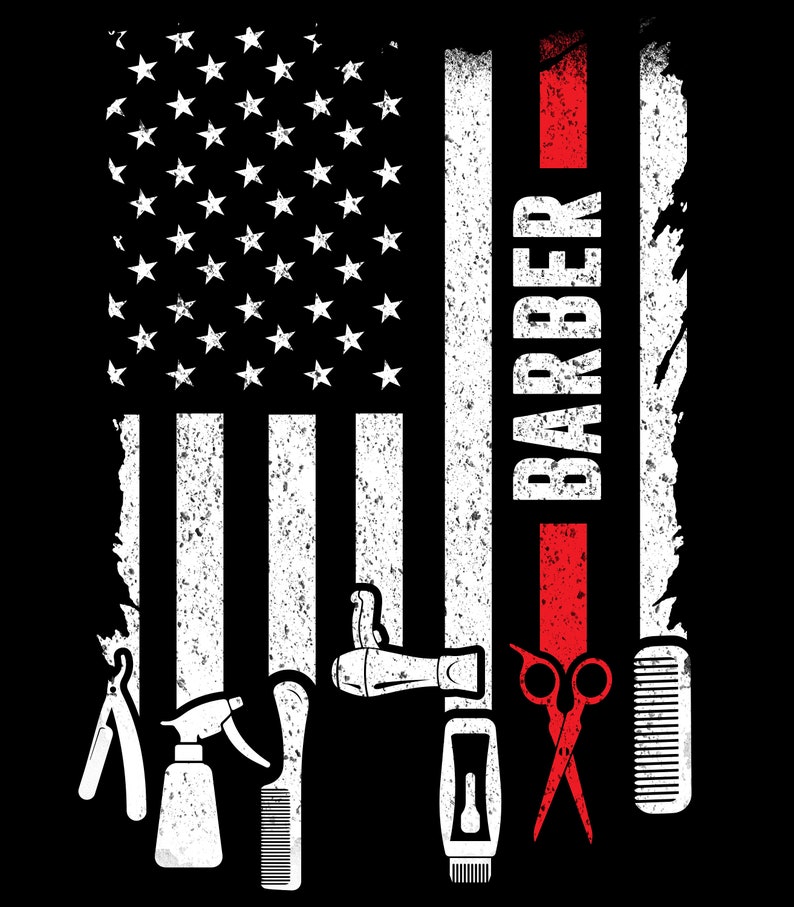 May include: A distressed American flag design with the word "BARBER" in red lettering.  The flag is surrounded by various barber tools, including scissors, a comb, a razor, a hairspray bottle, and a hair dryer.