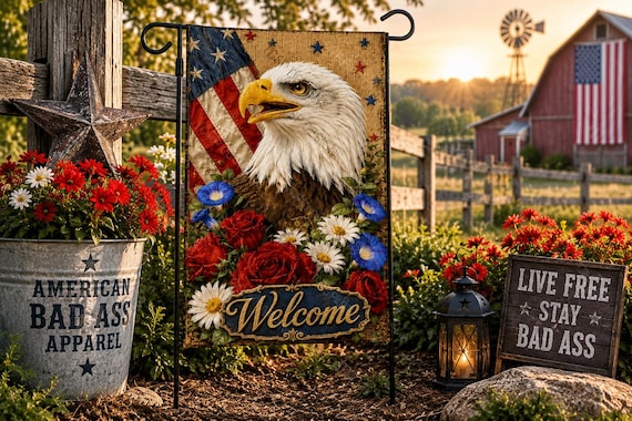 Patriotic Eagle Garden Flag 12x18, American Flag Yard Decor, Bald Eagle Welcome Flag, Rustic Americana Porch Decor