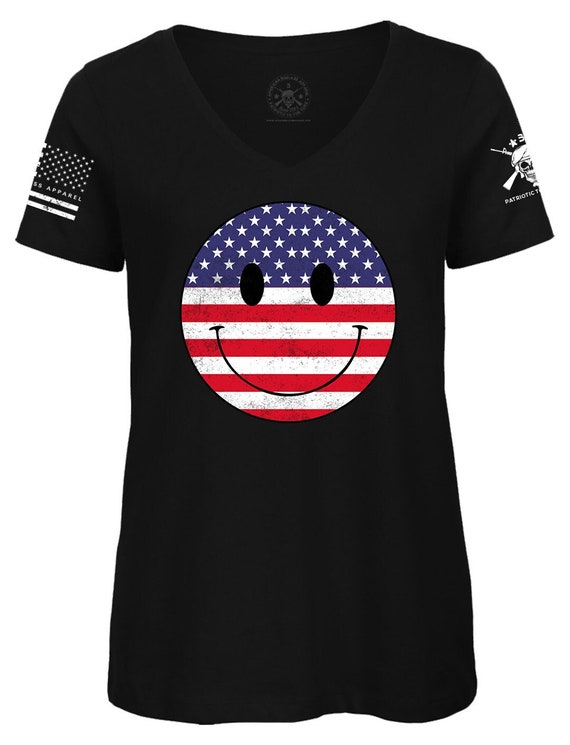 USA Flag Smiley Face V-Neck T-Shirt | 4th of July Gift