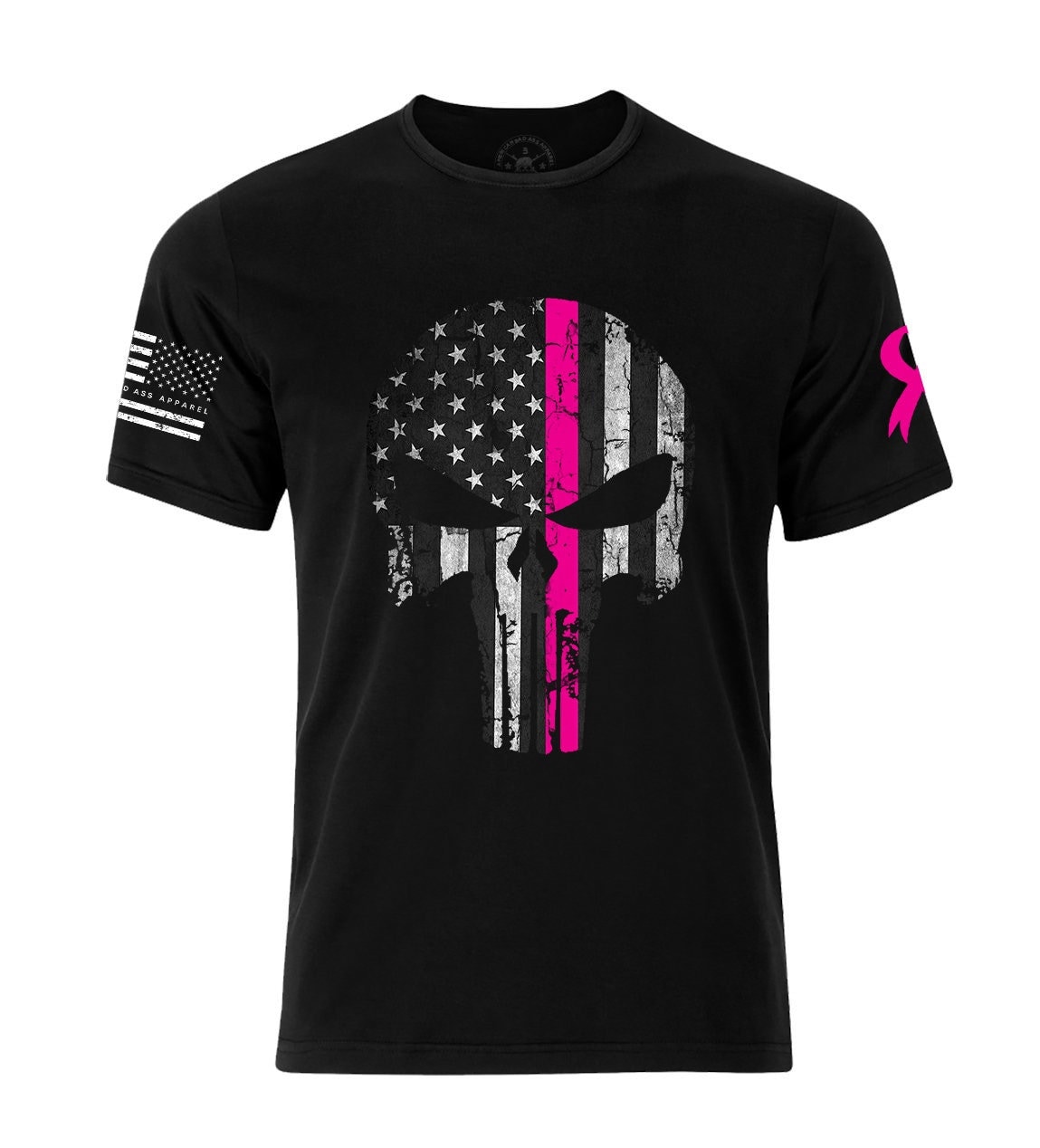 Punisher Skull Thin Pink Line | Cancer Support T-shirt | Patriotic Cancer Support Ribbon | USA Flag 3D T-shirt