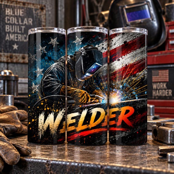 Welder 20 oz Tumbler, Patriotic Welding Gift, Blue Collar Worker Tumbler, American Flag Welder Cup, Optional Handle