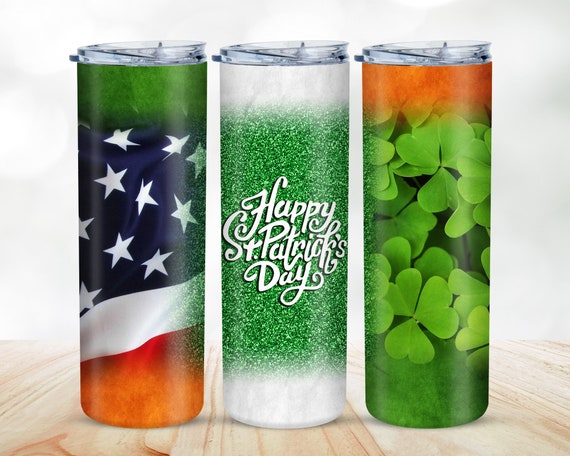 St Patrick's Day Shamrock Tumbler, American Ireland Flag, Green Glitter 20oz