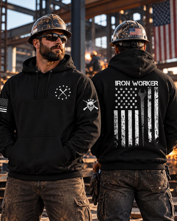 Iron Worker Hoodie, Patriotic American Flag Sweatshirt, Ironworker Gift, Construction Worker Pullover