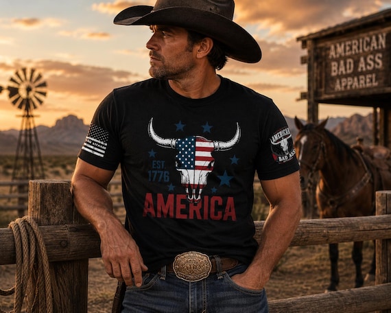 1776 America Longhorn T-Shirt, Patriotic Western Shirt, American Flag Bull Skull Tee, Rodeo Cowboy Graphic Shirt