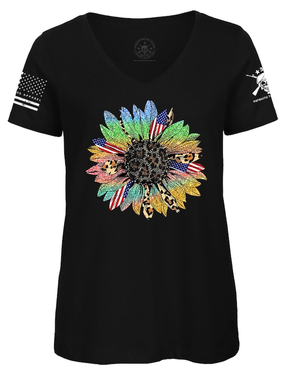 Sunflower American Flag 4th of July T-shirt | Women's V-Neck