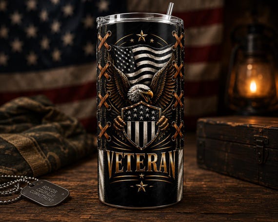 Veteran 20 oz Skinny Tumbler | American Eagle Flag Cup | Military Veteran Gift | Patriotic Stainless Steel Travel Tumbler
