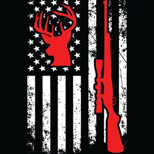 May include: A patriotic design featuring a red deer silhouette and a rifle superimposed over a distressed American flag. The flag's stars and stripes are white against a black background, creating a bold, rustic aesthetic.
