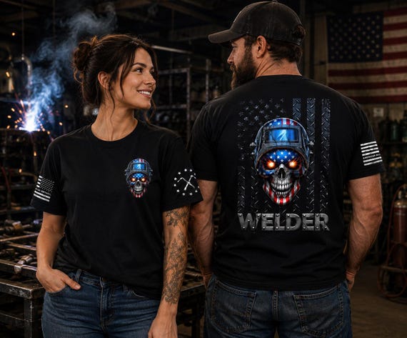 Welder Shirt, Patriotic Welding T-Shirt, American Flag Skull Welder Tee, Tradesman Work Shirt, Blue Collar Gift for Welders