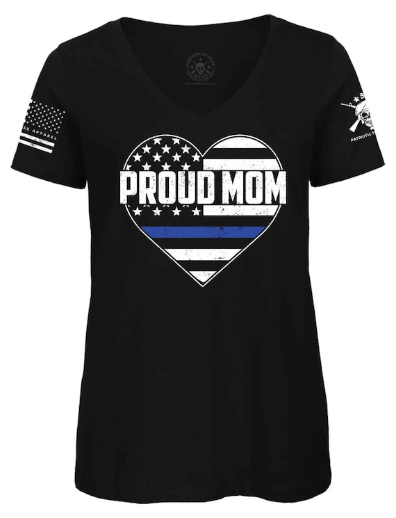 Proud Police Mom T-Shirt | American Flag Thin Blue Line V-Neck