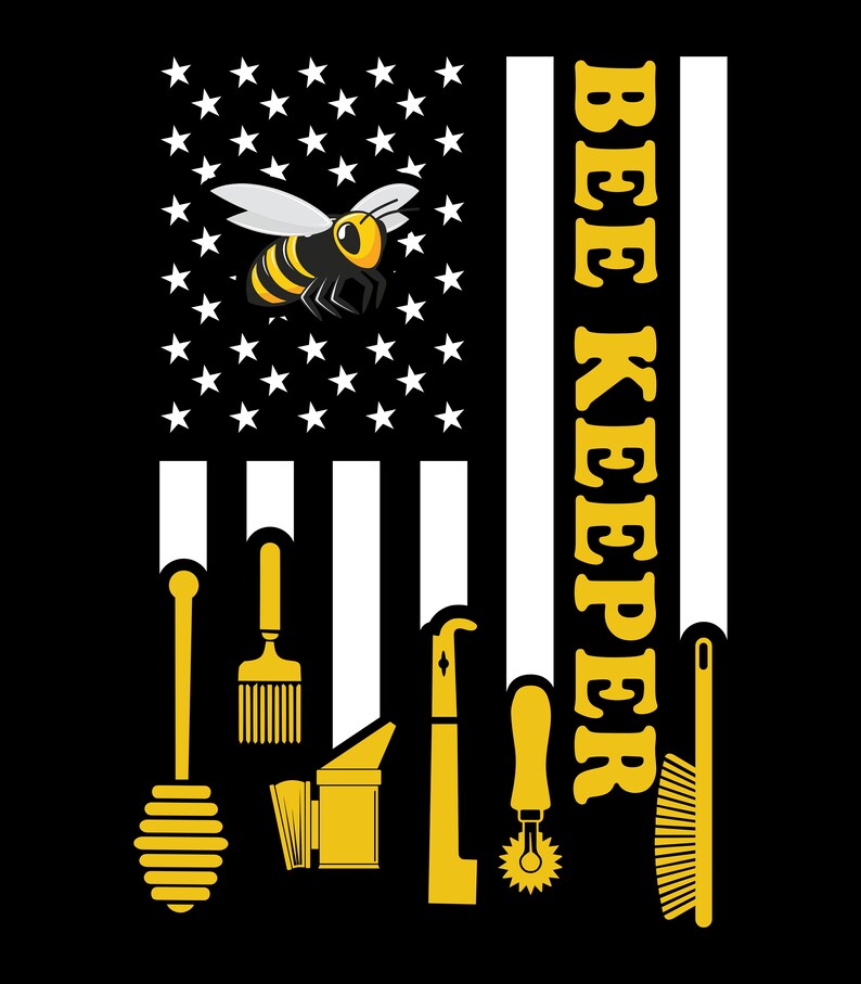May include: An American flag design with a bee and the words "BEE KEEPER" in yellow letters. The flag is white and black with a yellow bee in the top left corner. There are beekeeping tools in the bottom left corner.