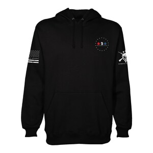 May include: Black hooded sweatshirt with a white American flag on the left sleeve, a white skull with crossed rifles on the right sleeve, and a red, white, and blue star logo on the chest. The logo says "American Made Apparel".