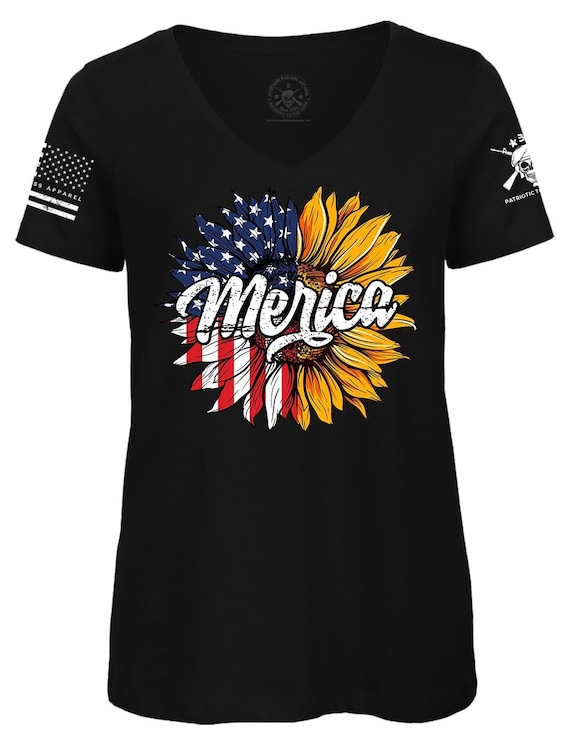 Sunflower American Flag T-Shirt | Patriotic 4th of July V-Neck