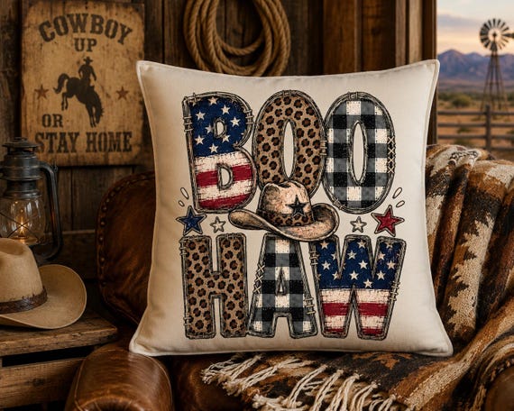 Boo Haw Western Halloween Pillow Cover, Cowboy Halloween Decor, Patriotic Western Throw Pillow, Cowgirl Fall Home Decor