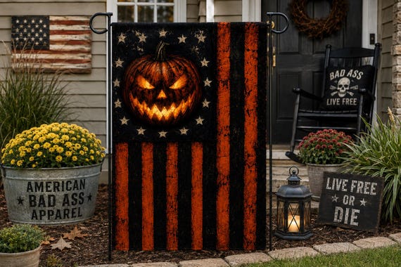 Bad Ass Halloween Garden Flag 12x18, Patriotic Pumpkin Yard Flag, Orange Black American Flag Decor, Rustic Halloween Porch Flag