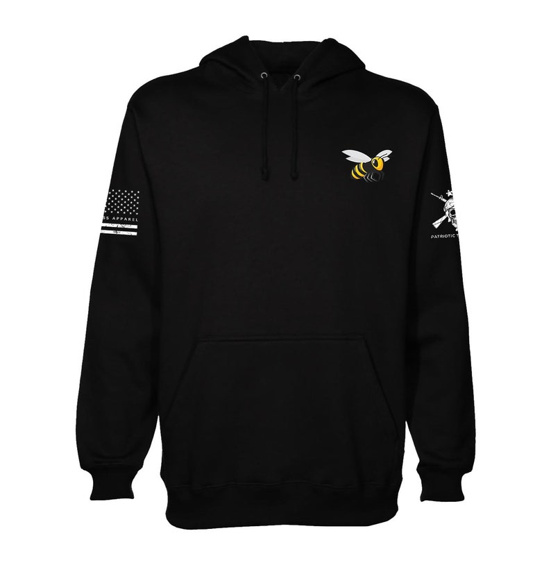 May include: Black hooded sweatshirt with a bee graphic on the front and an American flag and a rifle graphic on the sleeves. The text "PATRIOTIC APPAREL" is on the right sleeve.