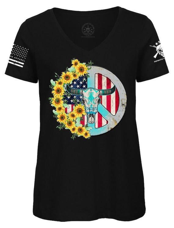 Peace Sign 4th of July V-Neck T-Shirt | Sunflower Bull Skull
