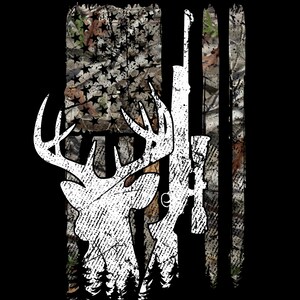 May include: A white silhouette of a deer head with antlers, a rifle, and a camouflage American flag pattern in the background.