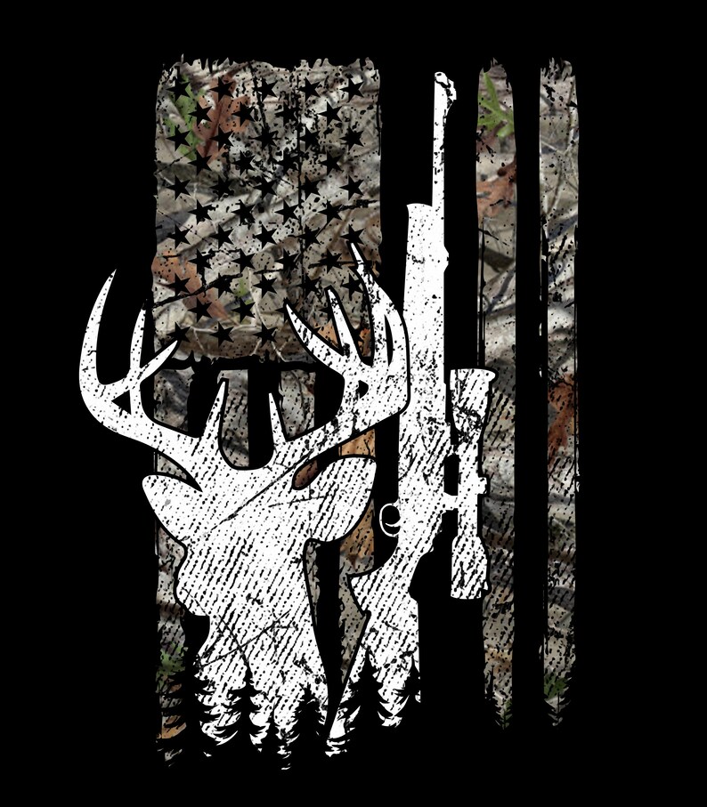 May include: A white silhouette of a deer head with antlers, a rifle, and a camouflage American flag pattern in the background.