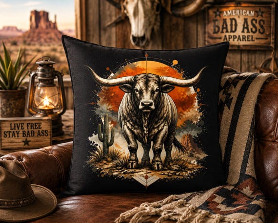 Western Longhorn Pillow Cover 20x20, Texas Bull Throw Pillow, Rustic Cowboy Home Decor, Southwestern Ranch Pillow, Western Gift