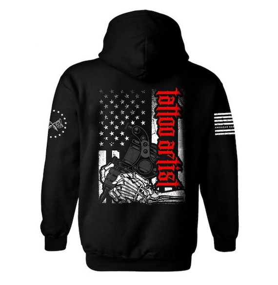 Tattoo Artist American Flag Hoodie | Skull Hand | Skull and Roses | Tattoo Artist USA Flag Hoodie | Gift for Tattoo Artist | Unisex Hoodie