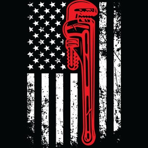 May include: A red wrench superimposed on a distressed American flag design. The wrench is a pipe wrench with a large handle and a jaw that is open.